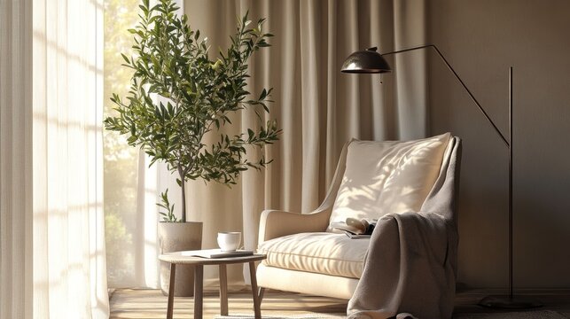 58.Serene interior with a padded armchair in soft beige hues, a tall metal lamp casting a warm glow, a potted olive tree adding greenery, and a small coffee table holding a cup and book near light