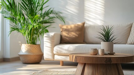 51.Contemporary interior showcasing a neutral beige sofa set against a soft white wall, paired with a rustic wooden coffee table holding small decorative items, and a vibrant green potted plant as a