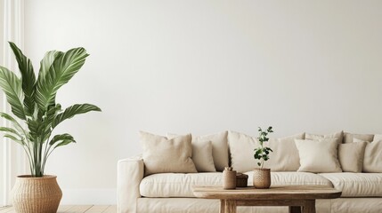 51.Contemporary interior showcasing a neutral beige sofa set against a soft white wall, paired with a rustic wooden coffee table holding small decorative items, and a vibrant green potted plant as a