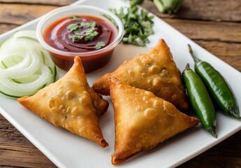 Deliciously Crispy Samosas with Green Chilies, Sliced Onions, Fresh Coriander, and Tangy Sauce on a Plate Ready to Be Enjoyed