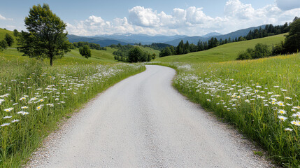 Naklejka premium Winding road through serene countryside with wildflowers and mountains