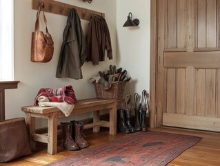 A rustic entryway showing coat rack and wooden bench with boots