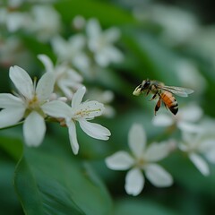 Naklejka premium Honeybee in Flight Near White Blossoms Spring Nature