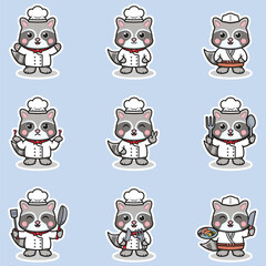 Vector Illustrations of cute Raccoon chef mascot cartoon character. Illustration Collection of Raccoon icon isolated. This is Vector Illustration.