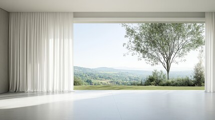 71.Minimalist room with smart curtains in crisp white, designed with motorized functionality, opening smoothly to showcase an expansive, green outdoor view under a bright, clear sky.
