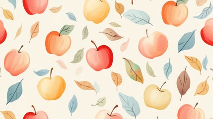 20.Whimsical seamless pattern of pastel-colored apples and soft autumn leaves, perfect for kids' nursery or textile, set against a cream-colored background for a gentle, cozy look.
