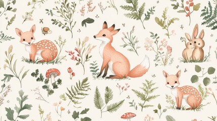Obraz premium 2.Whimsical seamless pattern featuring hand-drawn forest animals such as foxes, deer, squirrels, and rabbits surrounded by ferns, mushrooms, acorns, and wildflowers in soft pastel tones with a cozy