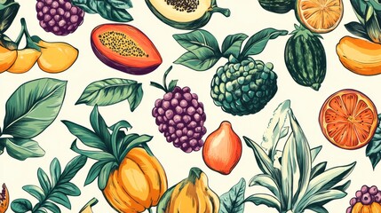 36.Whimsical seamless print of overlapping tropical fruits and vegetables with hand-sketched details, vibrant color gradients, and a light cream background to enhance contrast and charm.