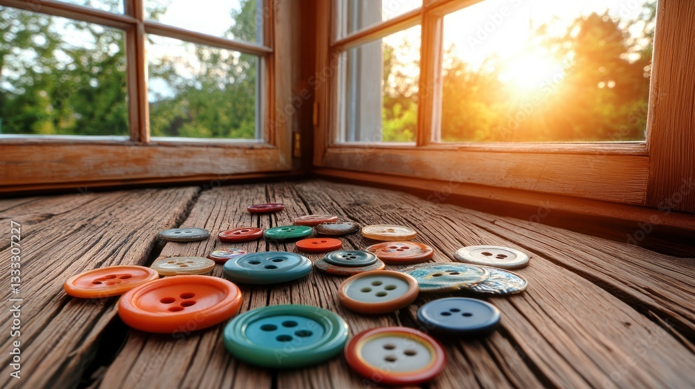Poster colorful buttons scattered on rustic wooden floor by a window with a sunset view