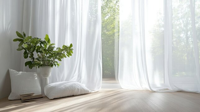118.Clean and tranquil home interior with sheer white curtains hanging delicately by a tall window, diffusing light and adding a touch of elegance to the minimalist design.