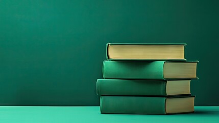 Green books stacked, dark green background, education concept, website banner