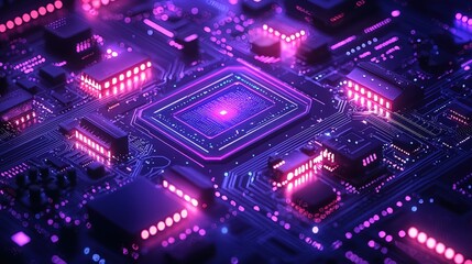 Obraz premium Vibrant Abstract Technology Circuit Board with Neon Lights and Microchips in Futuristic Design