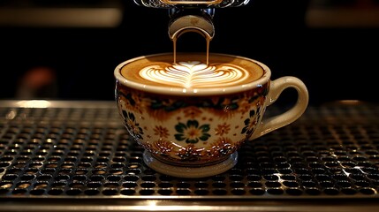 Espresso coffee beverage being dispensed into beautifully decorated ceramic cup