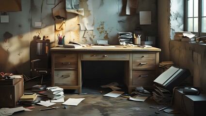 A desk cluttered with papers and a lamp, set in a cozy room with soft lighting.