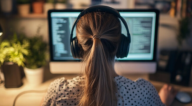Woman Coding at Computer wearing Headphones focused on her Work