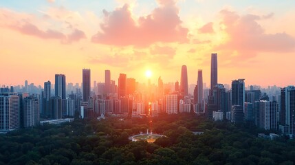 Fototapeta premium Urban sunset over natural parks eco-friendly environment aerial view of cityscape