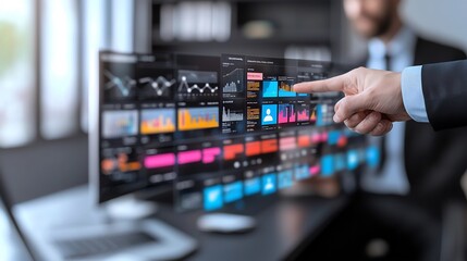 Businessman interacting with interactive dashboard on multiple screens.