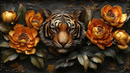 A majestic tiger's head surrounded by vibrant orange flowers, set against a textured dark background