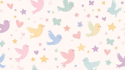 Whimsical seamless bird pattern nature digital art fantasy environment aerial view tiny birds concept