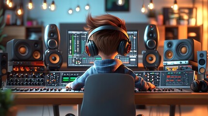 Music production session home studio digital art cozy environment close-up view