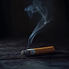 A half-burnt cigarette lying on a dark wooden table, with the smoke still rising in intricate swirls. The background fades into darkness, with only a faint light highlighting the cigarette and smoke