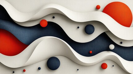 Obraz premium Abstract paper cut texture with flowing waves and colorful circles in red, white, and blue tones
