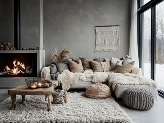 A cozy living room with a fireplace and comfortable seating