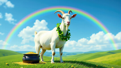 Obraz premium White goat adorned with a shamrock garland standing in a green field next to a pot of gold coins beneath a vibrant rainbow and sunny sky.