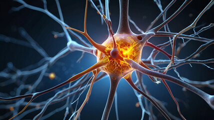 A highly detailed, realistic 3D illustration of a neuron cell, showing intricate dendrites, axon, and synapses, with a glowing electric impulse effect.