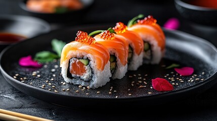 Fresh, vibrant salmon sushi rolls arranged on a dark plate, garnished with tobiko and edible flowers