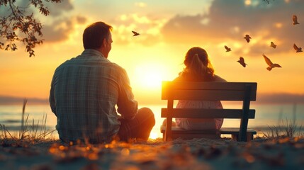 Father and daughter watching sunset on beach