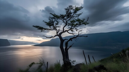 A lone tree stands silhouetted against a lake and cloudy sky