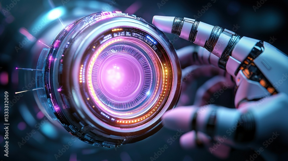 Poster futuristic robot hand interacting with a glowing lens in a high-tech environment