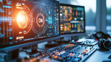 Modern digital workstation, computers, audio equipment, office