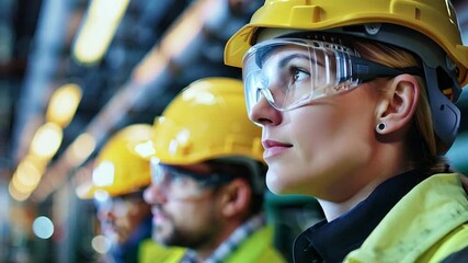 Industrial professionals attentively observe machinery operations while wearing safety gear, emphasizing workplace safety and teamwork in a bustling manufacturing environment.