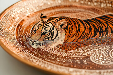 Intricate copper plate featuring a beautifully detailed tiger design, showcasing fine craftsmanship
