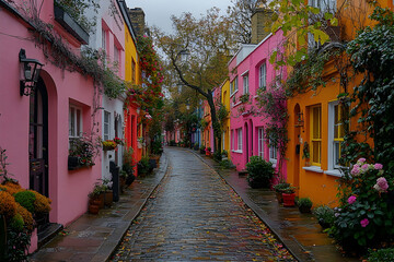 Fototapeta premium Charming colorful street lined with pastel houses, autumn foliage, and cobblestone pathway in a quaint neighborhood
