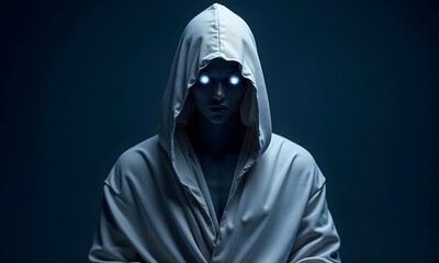 Mysterious Moon Deity Draped in Silver Robes with Glowing Eyes
