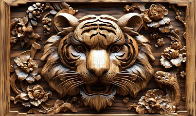 Intricate wooden carving of a tiger's head surrounded by floral designs, showcasing craftsmanship