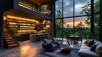 Modern home bar with sunset view, stylish living room