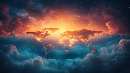 Naklejka premium Earth map silhouette in clouds at sunrise