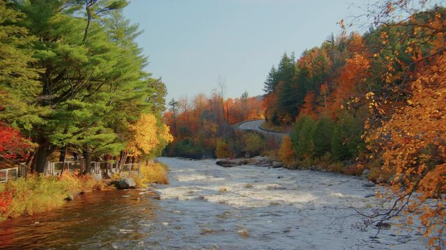 Explore the scenic beauty of a river creek flowing through an autumn forest at High Falls Gorge, Adirondacks. This footage captures the rich fall colors and the peaceful flow of water.