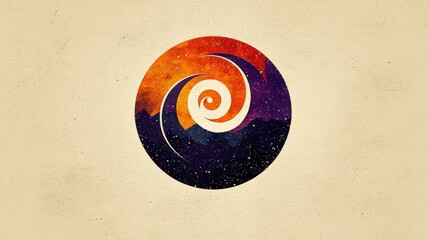 Abstract colorful spiral design depicting cosmic landscape with mountains and starry sky