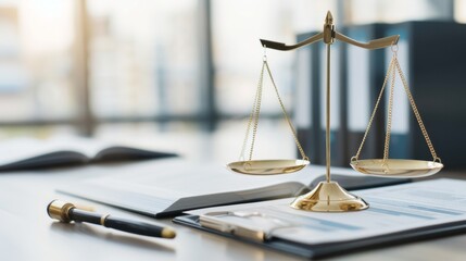 A legal balance scale with a mediator figure in the center symbolizes just and fair mediation. Defined sharpness and high-quality textures.