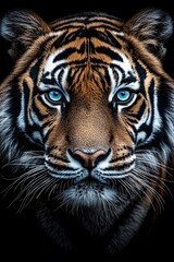 Intense Close-Up Portrait of a Majestic Tiger with Striking Blue Eyes Against a Dark Background Showcasing Its Powerful Features and Vivid Stripes