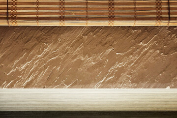 Minimal Table with Japanese Wooden Blinds and Rough Stucco Background, Suitable for Product Presentation Backdrop, Display, and Mock up.