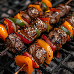 Grilled shish kebabs with meat and vegetables on skewers