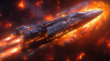 Fototapeta premium Futuristic spaceship soaring through vibrant cosmic scenery with fiery explosions in space