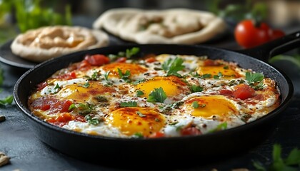 Cooked eggs with tomatoes and bread in a frying pan
