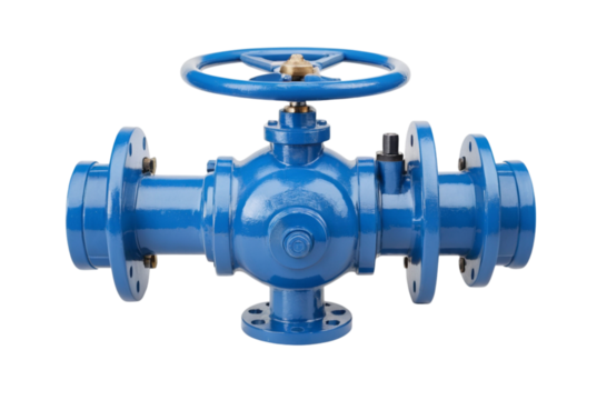 Blue industrial valve with a large wheel handle on white background